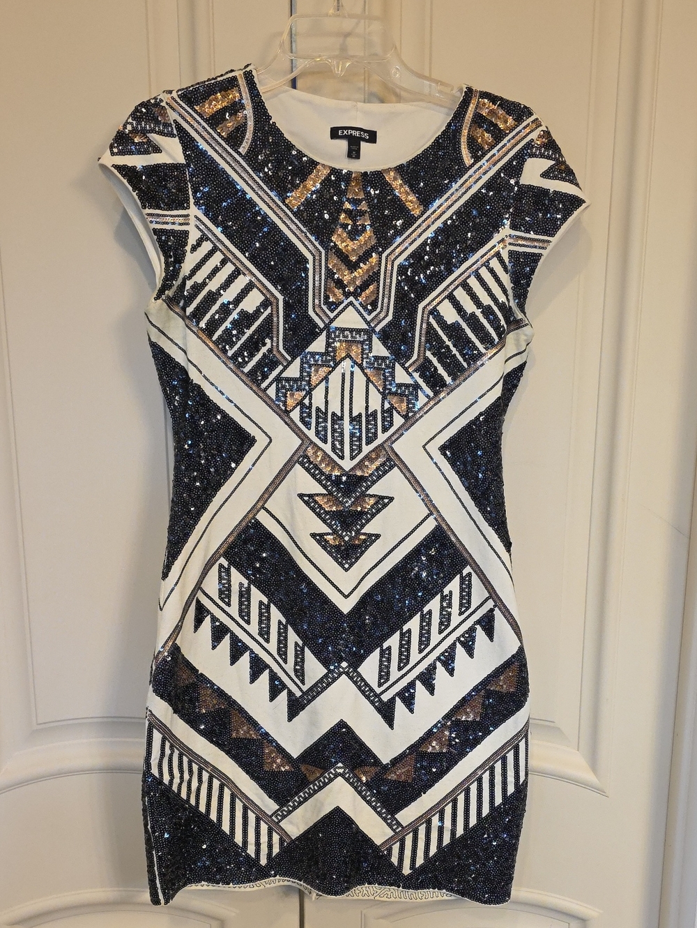 Express Black, White & Gold Sequin Geometric Mini Dress